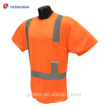 Visibilidad alta naranja / amarillo 100% poliéster Birdseye logotipo personalizado ANSI 107 reflexiva seguridad camiseta con cinta reflectante